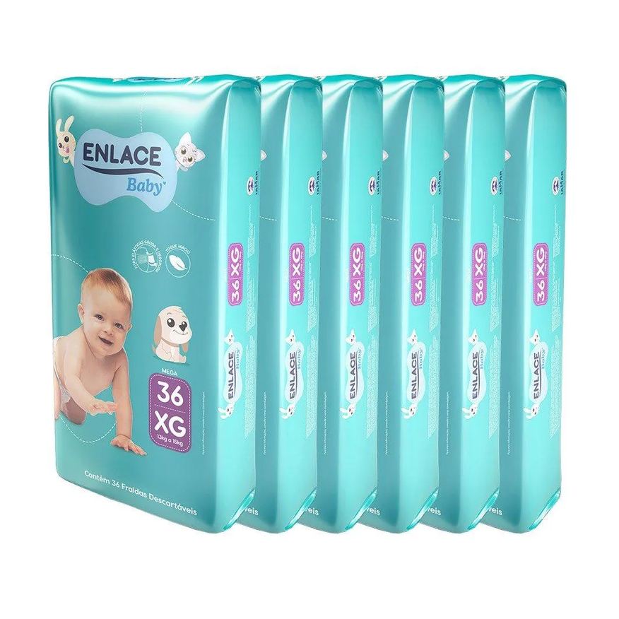 Enlace Fralda Descartável Baby Mega Tamanho Xg - 6 Pacotes com 36 Fraldas - Total 216 Tiras