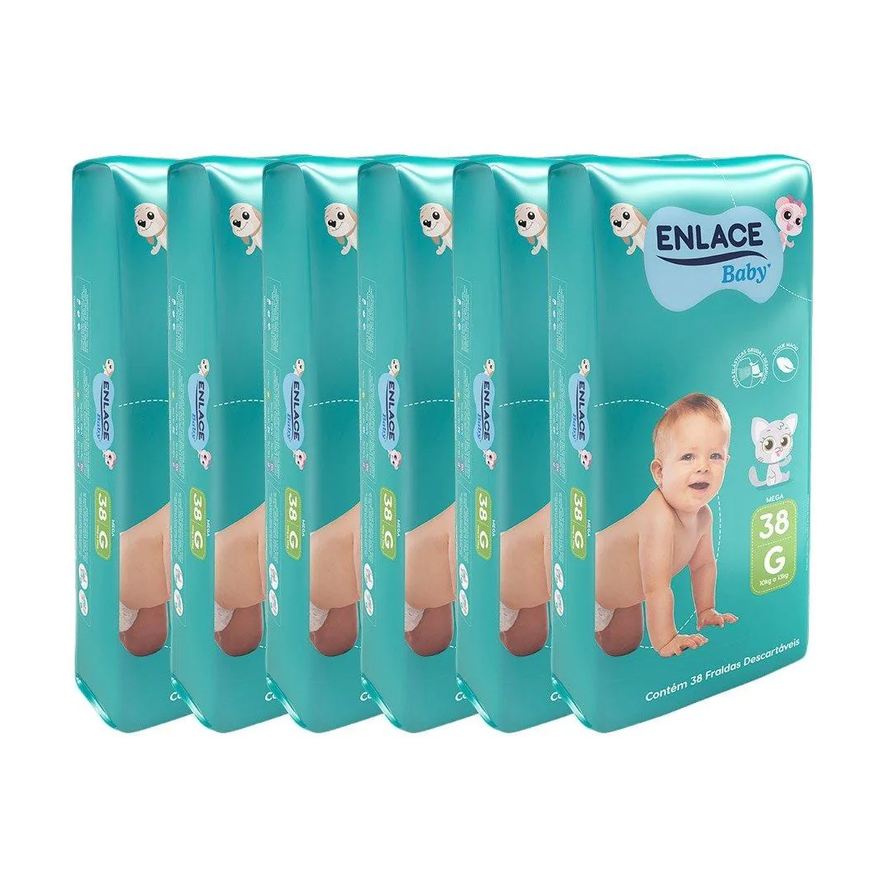 Enlace Fralda Descartável Baby Mega Tamanho G - 6 Pacotes com 38 Fraldas - Total 228 Tiras