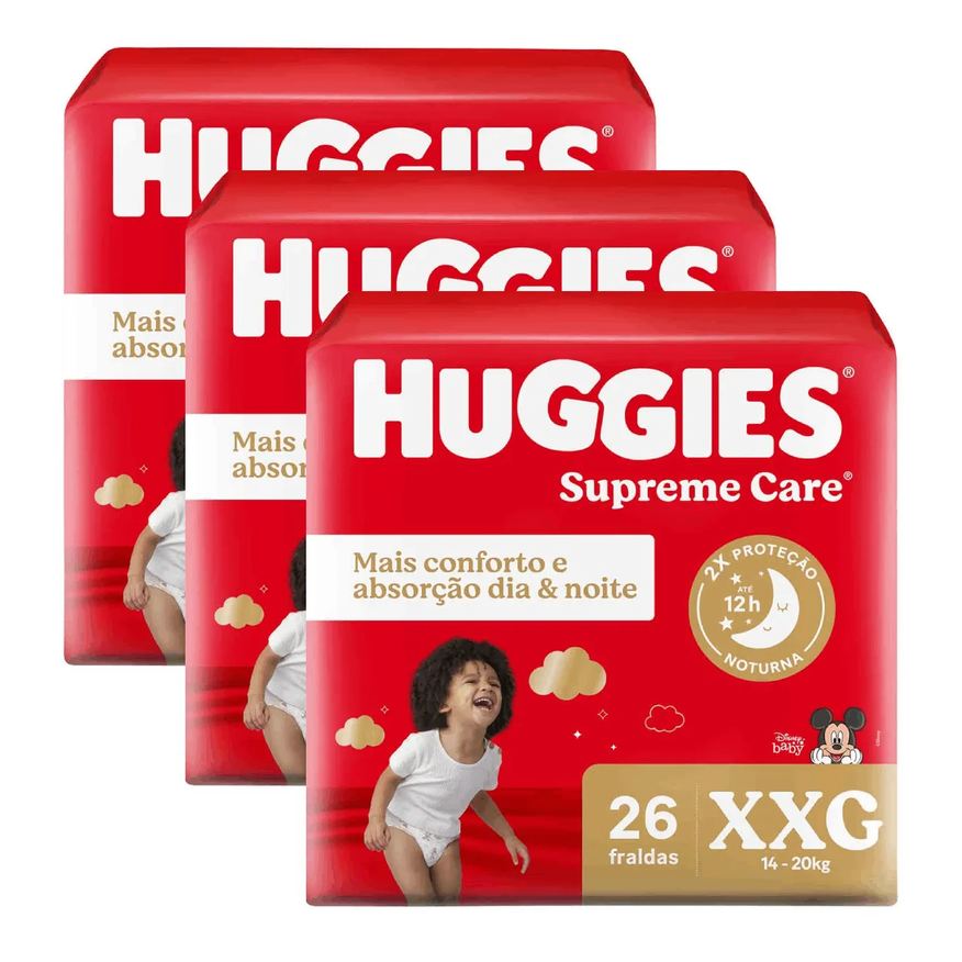 Huggies Kit Fralda Supreme Care Disney Baby XXG 3 Pacotes com 26 unidades cada