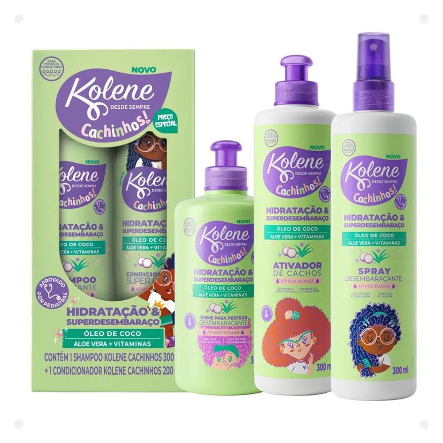 Kolene Kit Cachinhos: Shampoo 300ml, Condicionador 200ml, Creme para Pentear, Ativador de Cachos e Spray Desembaraçante