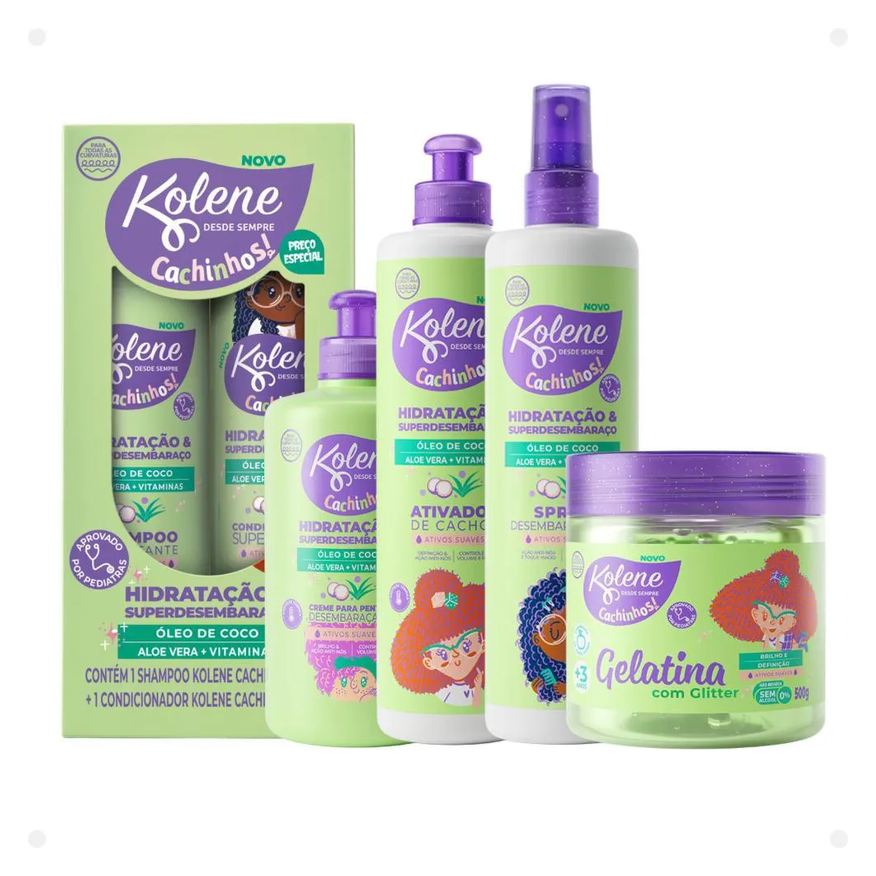 Kolene Kit Cachinhos: Shampoo 300ml, Condicionador 200ml, Creme para Pentear, Ativador de Cachos, Spray Desembaraçante e Gelatina