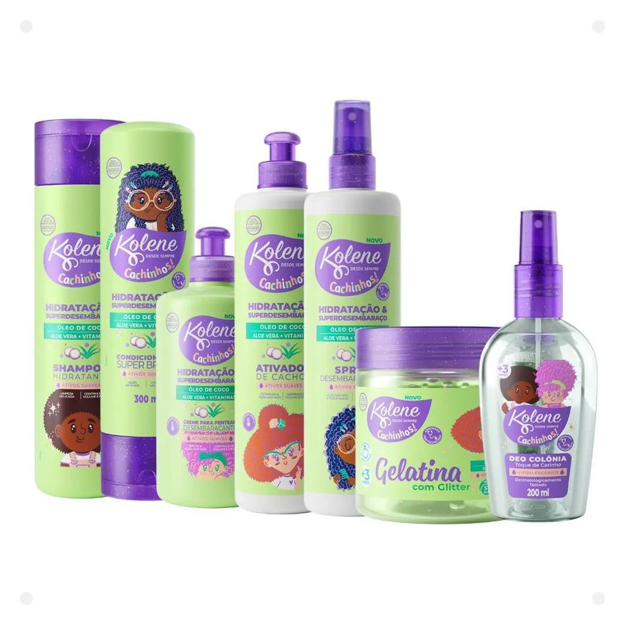 Kolene Kit Cachinhos: Shampoo, Condicionador, Creme para Pentear, Ativador de Cachos, Spray Desembaraçante, Gelatina e Deo Colônia