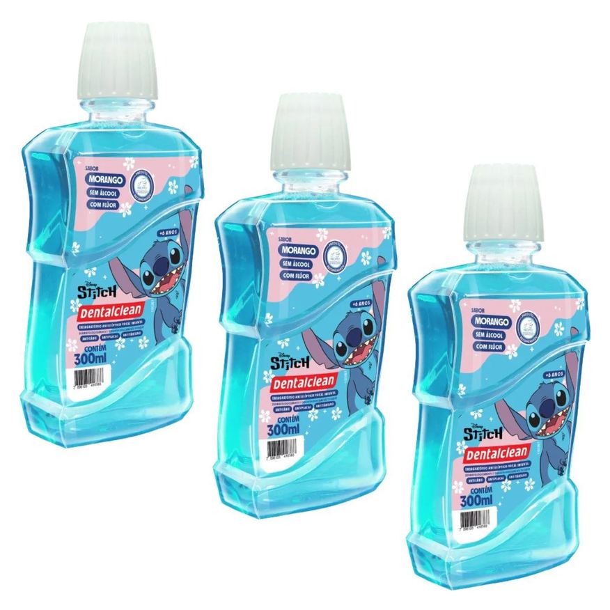 Dentalclean 3X Enxaguante Bucal Infantil Stitch 300ml Morango Dentalcean