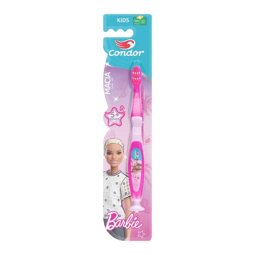 Condor Escova Dental Macia com Limpador de Língua e Ventosa Barbie Kids+ Cabeça P
