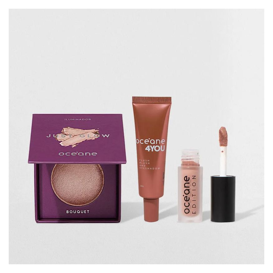 Océane Kit Iluminador Rosa + Blush Líquido Laranja + Mini Batom Nude (3 Produtos)