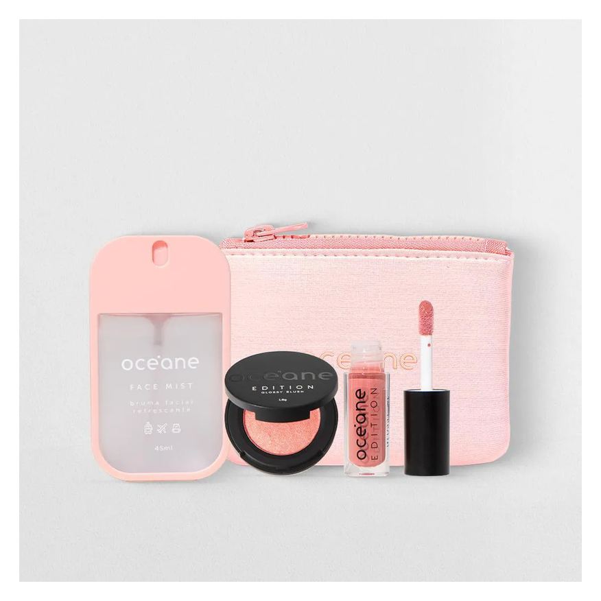 OCéANE KIT MINI NéCESSAIRE + MINI BRILHO LABIAL + MINI BLUSH + BRUMA FACIAL (4 PRODUTOS)