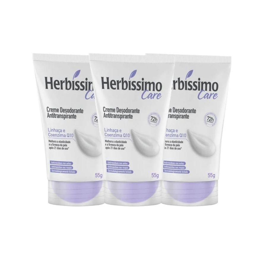 Herbíssimo Kit Desodorante Cremoso Care Linhaça e Coenzima Q10 55g (3 Unidades)