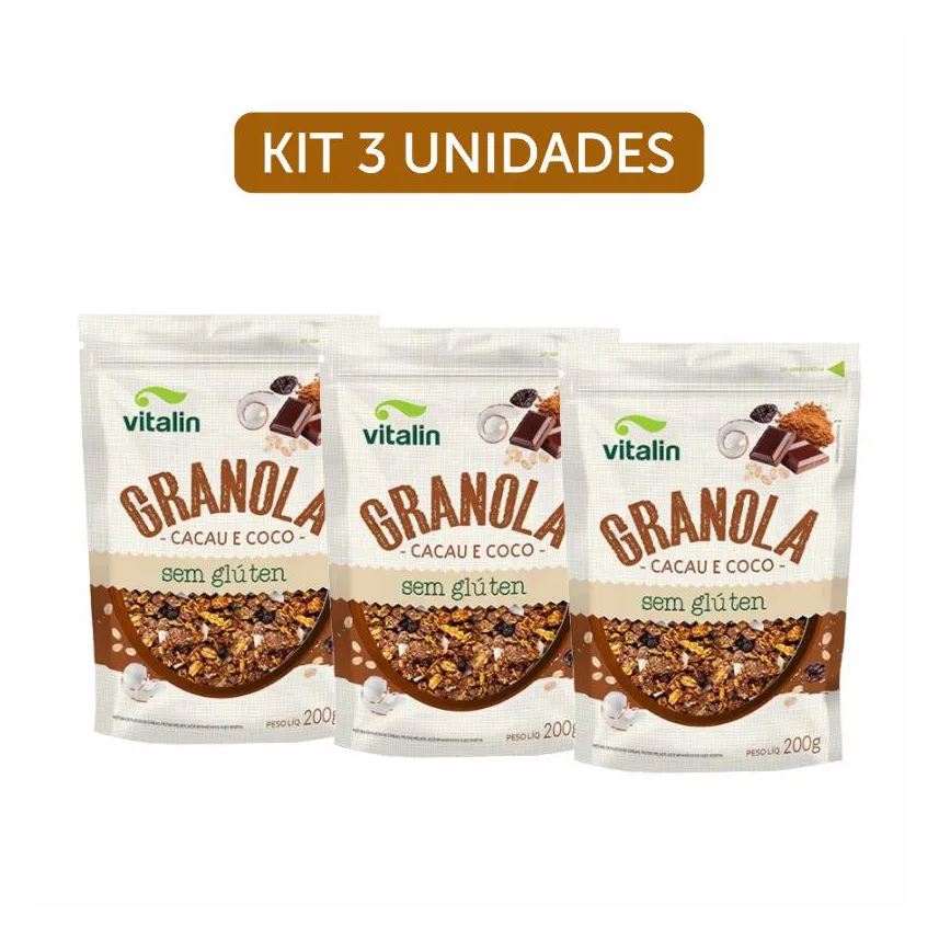 Vitalin Kit 3x: Granola Cacau e Coco Sem Glúten 200g