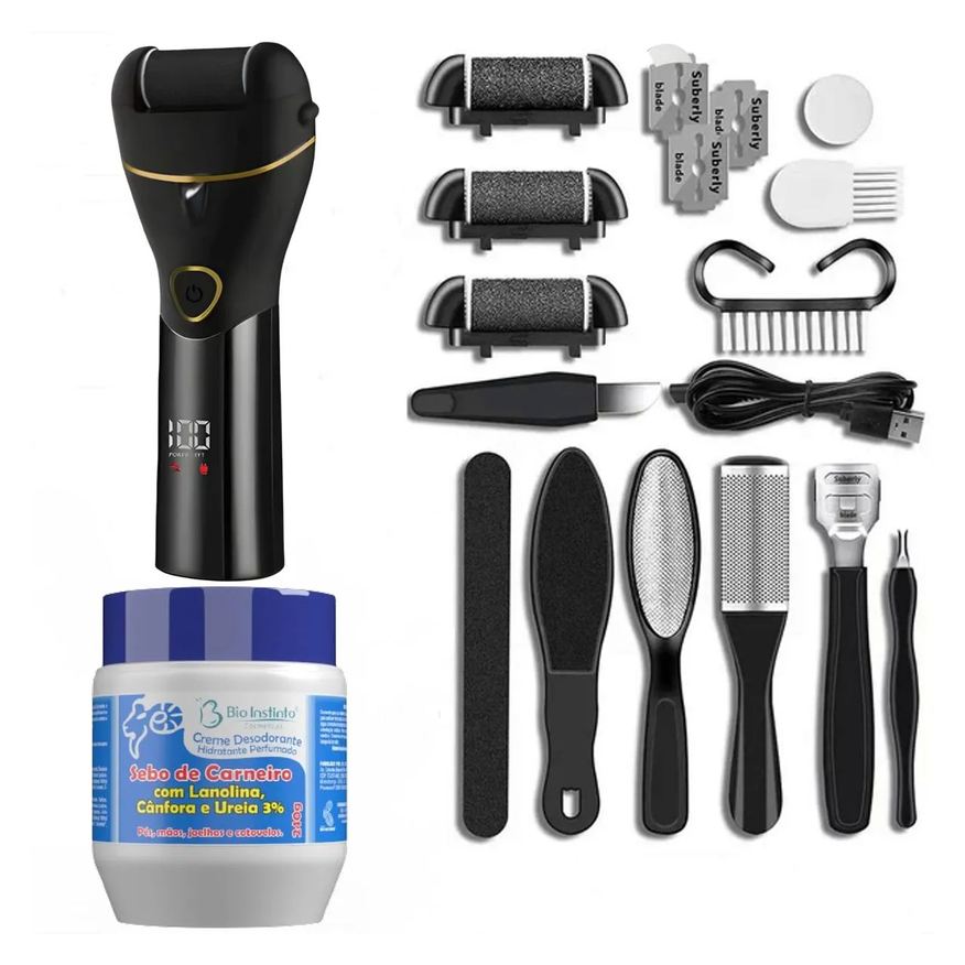 Elétrica Lixa Esfoliador Pés Recarregável Removedor de Calos + Creme Hidratante