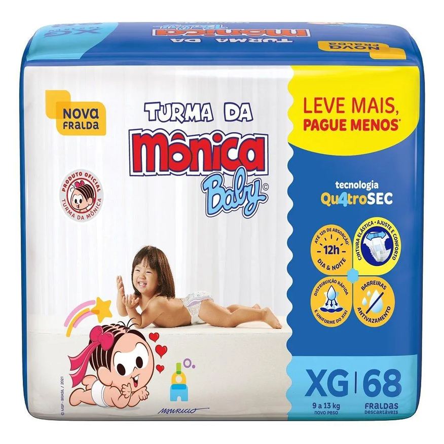 Turma da Mônica Fralda Descartável Giga Extra Grande 4 Pacotes C/ 68 Fraldas