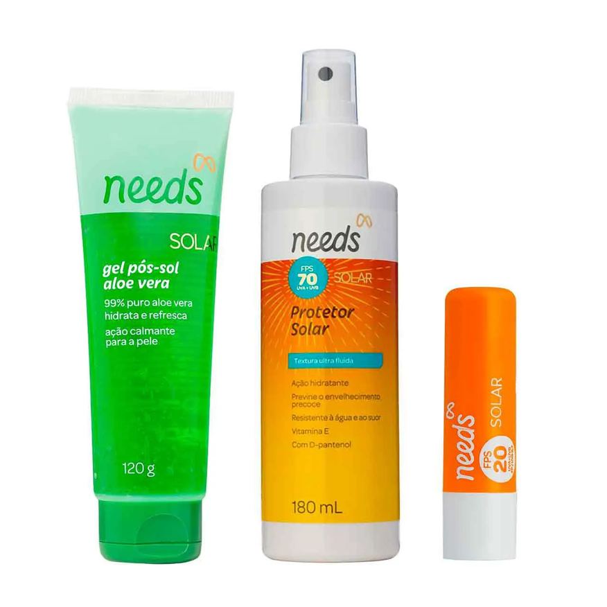Needs Kit Protetor Solar Spray Corporal FPS 70 180ml + Labial FPS 20 3,6g + Gel Pós-sol 120g