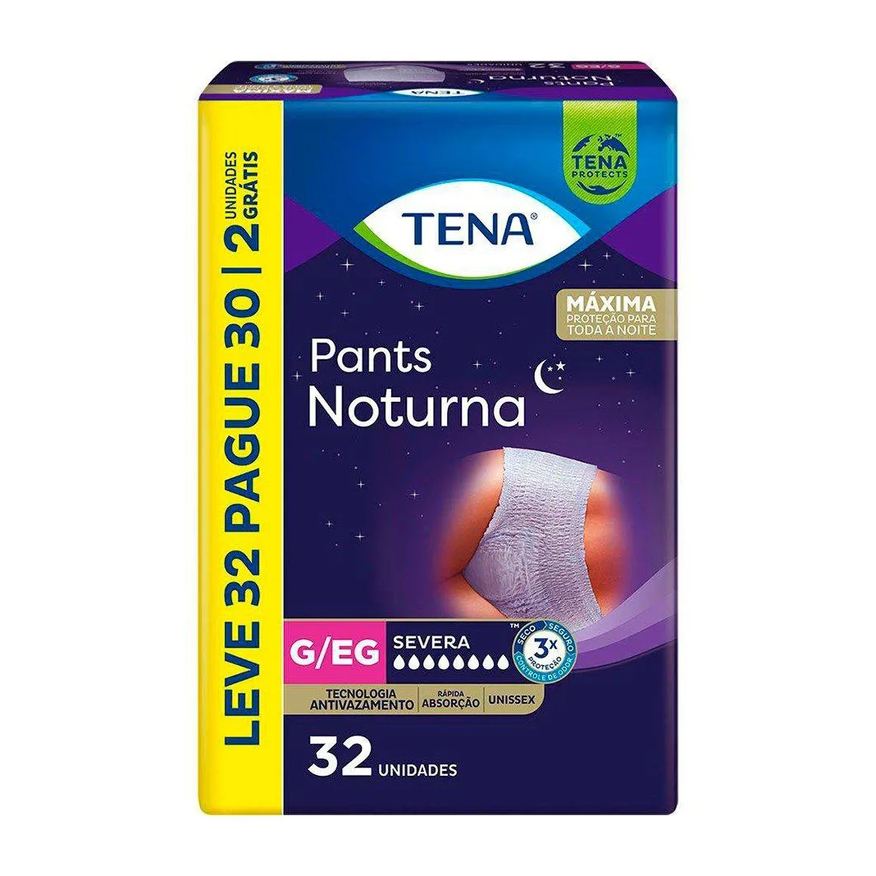 TENA FRALDA DESCARTáVEL ADULTO PANTS NOTURNA TAMANHO G/EG - 3 PACOTES COM 32 FRALDAS - TOTAL 96 TIRAS (LEVE 32 PAGUE 30)