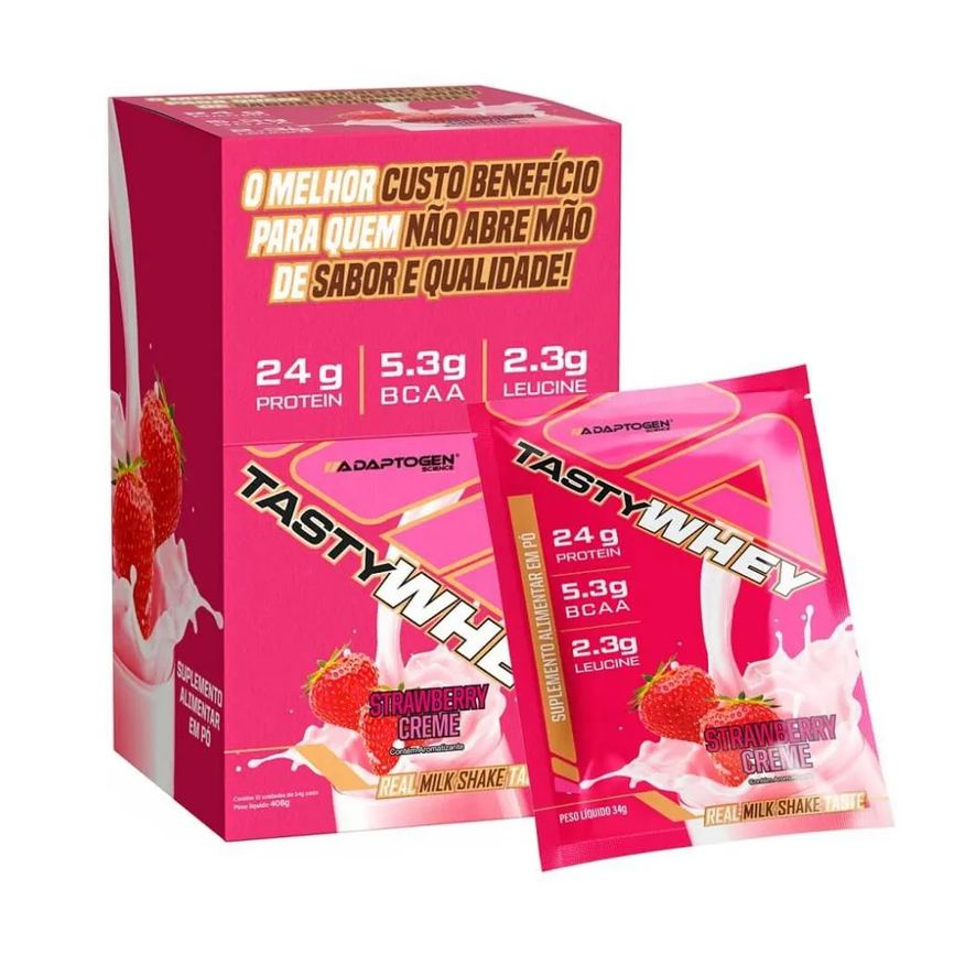Adaptogen Tasty Whey Display Sachê - Sabor: Morango (12 Unid. 34g)