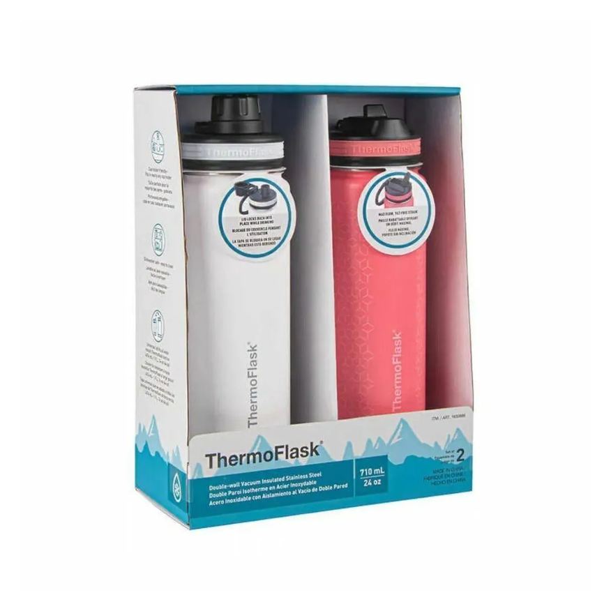 Thermo Flask Kit C/2 Garrafas Térmicas Aço Inoxidável 710ml Branco e Rosa