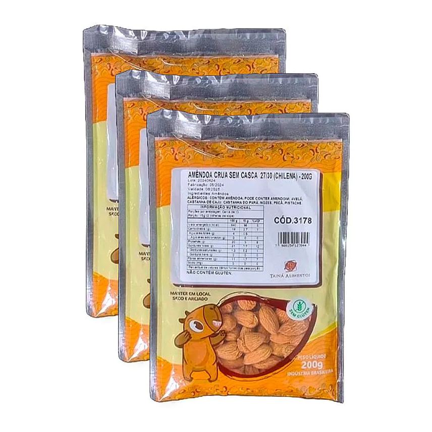 Tainá Alimentos Kit 3X: Amêndoa Crua sem Casca Chilena 27/30 200g