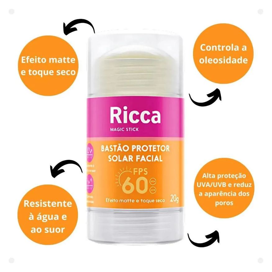 Protetor Bastão Solar Facial Fps60 Efeito Matte 20g Ricca