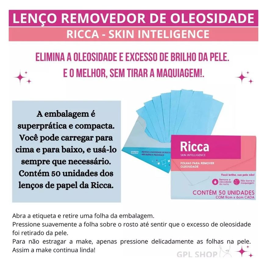de Lenço Papel Removedor de Oleosidade 50 Folhas Ricca