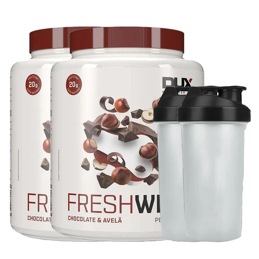 Dux Combo 2x Fresh Whey Conc. Isolado Hidrolisado Chocolate Belga e Avela 450g + 2x Coqueteleira