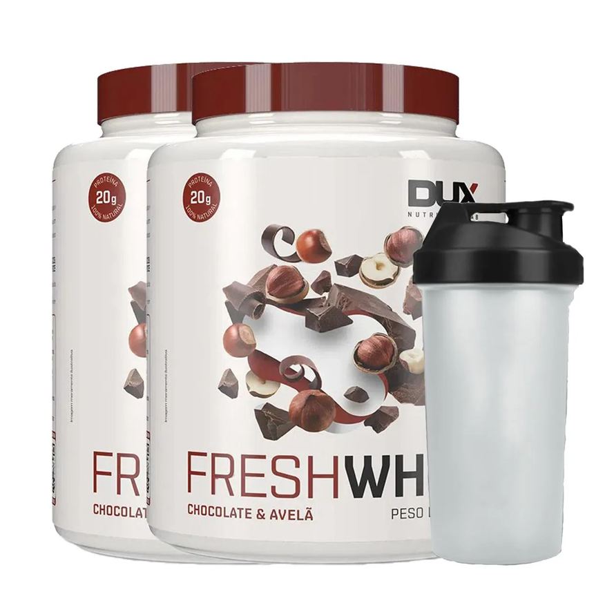 Dux Combo 2x Fresh Whey Conc. Isolado Hidrolisado Chocolate Belga e Avela 450g + Coqueteleira
