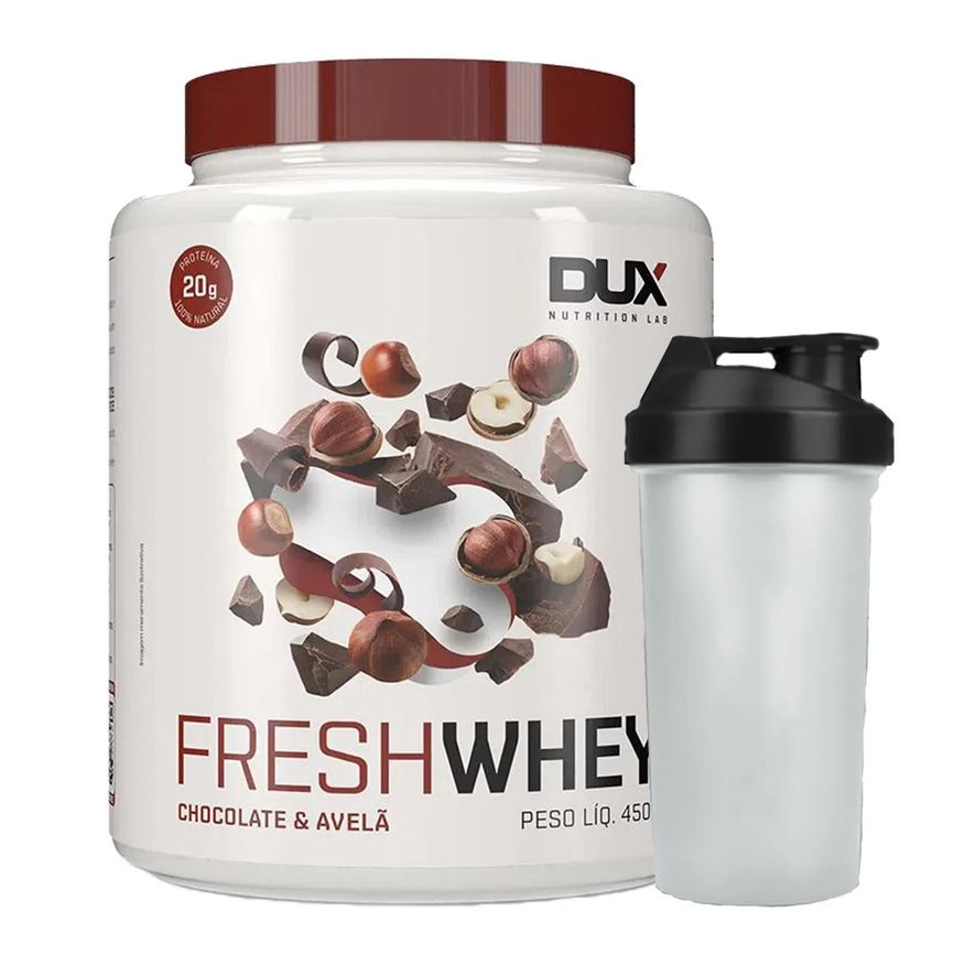 Dux Combo Fresh Whey Conc. Isolado Hidrolisado Chocolate Belga e Avela 450g + Coqueteleira Nutrition
