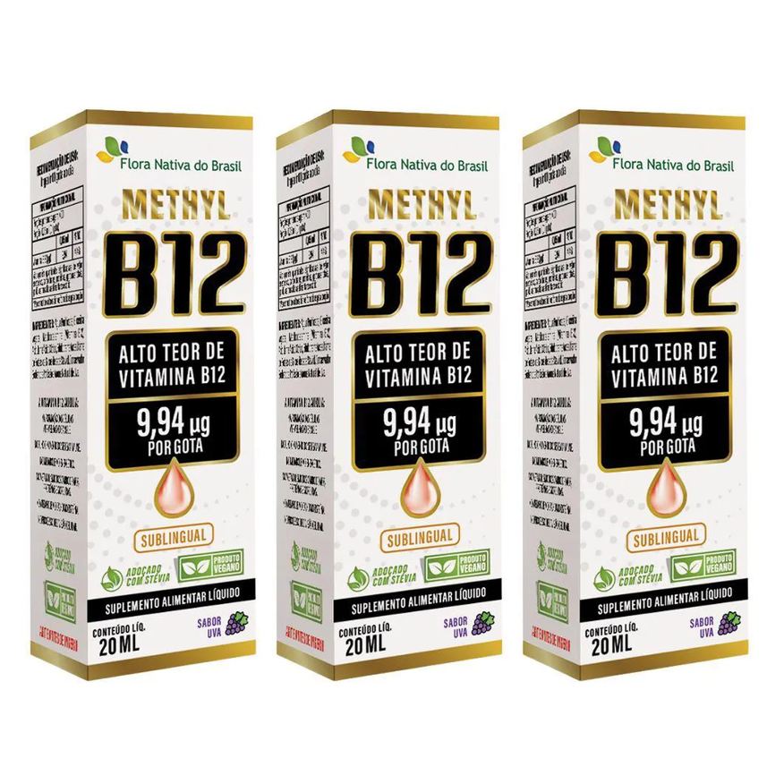 Flora Nativa Do Brasil Kit 3x Vitamina B12 Sublingual (metilcobalamina) 9,94 Mcg Por Gota 20ml - Flora Nativa Morango