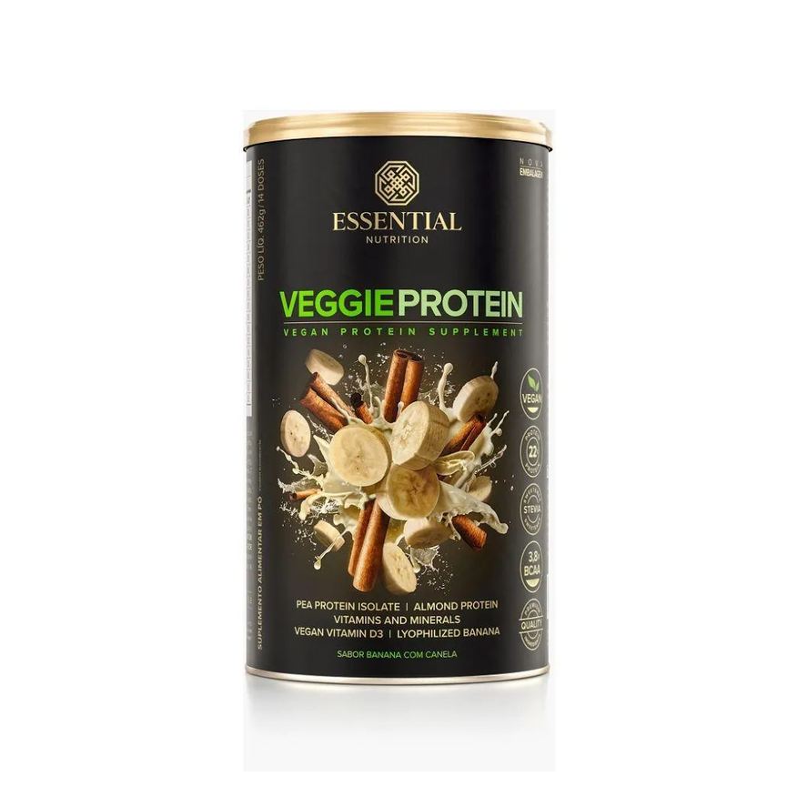 Essential Nutrition Veggie Protein 100% Vegetal Lata - Sabor: Banana c/ Canela (462g)