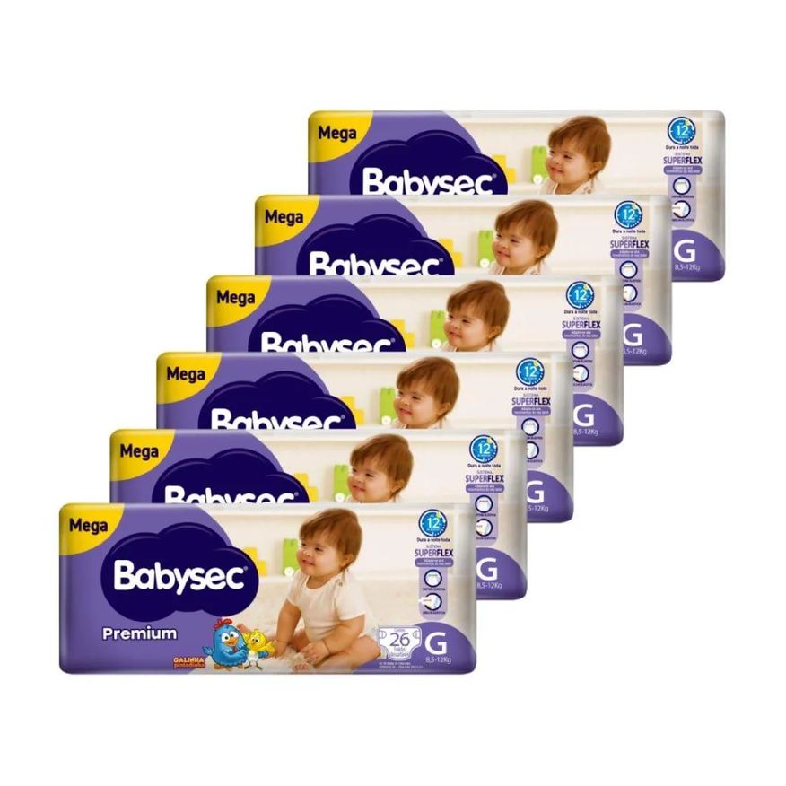 Babysec Fralda Descartável Premium Mega Tamanho G - 6 Pacotes com 26 Tiras - Total 156 Tiras