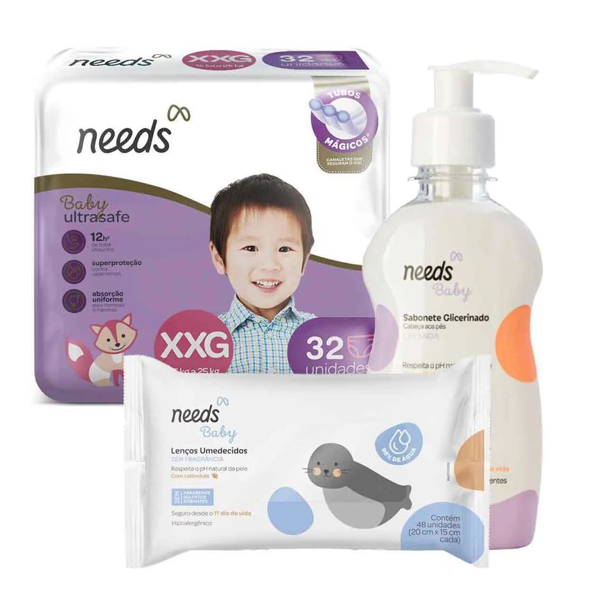 Needs Kit Baby Fralda Ultrasafe XXG 32 Unidades + Lenço Umedecido Sem Fragrância com 48 Unidades + Sabonete de Glicerina Líquido Lavanda