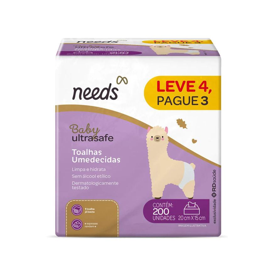 Needs Kit Toalhas Umedecidas Baby Ultrasafe 200 Unidades