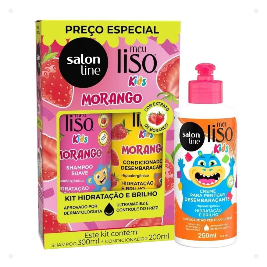 Salon Line Kit Meu Liso Kids: Shampoo 300ml e Condicionador 200ml Morango + Creme para Pentear 250ml