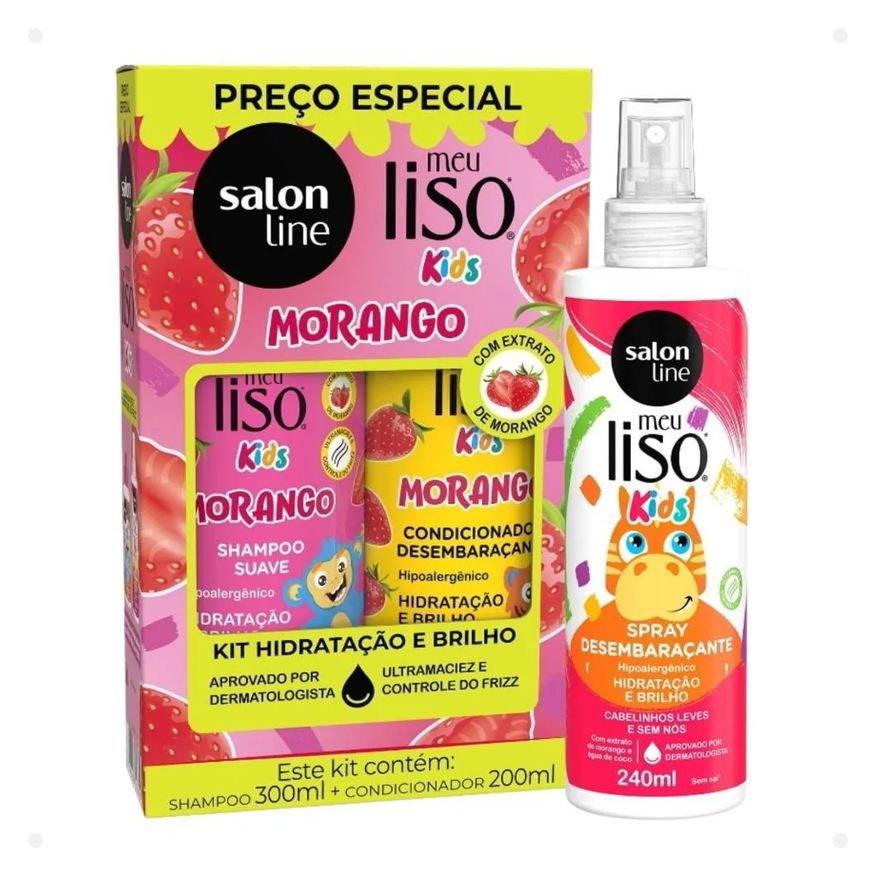 Salon Line Kit Meu Liso Kids: Shampoo 300ml e Condicionador 200ml Morango + Spray Desembaraçante 250ml