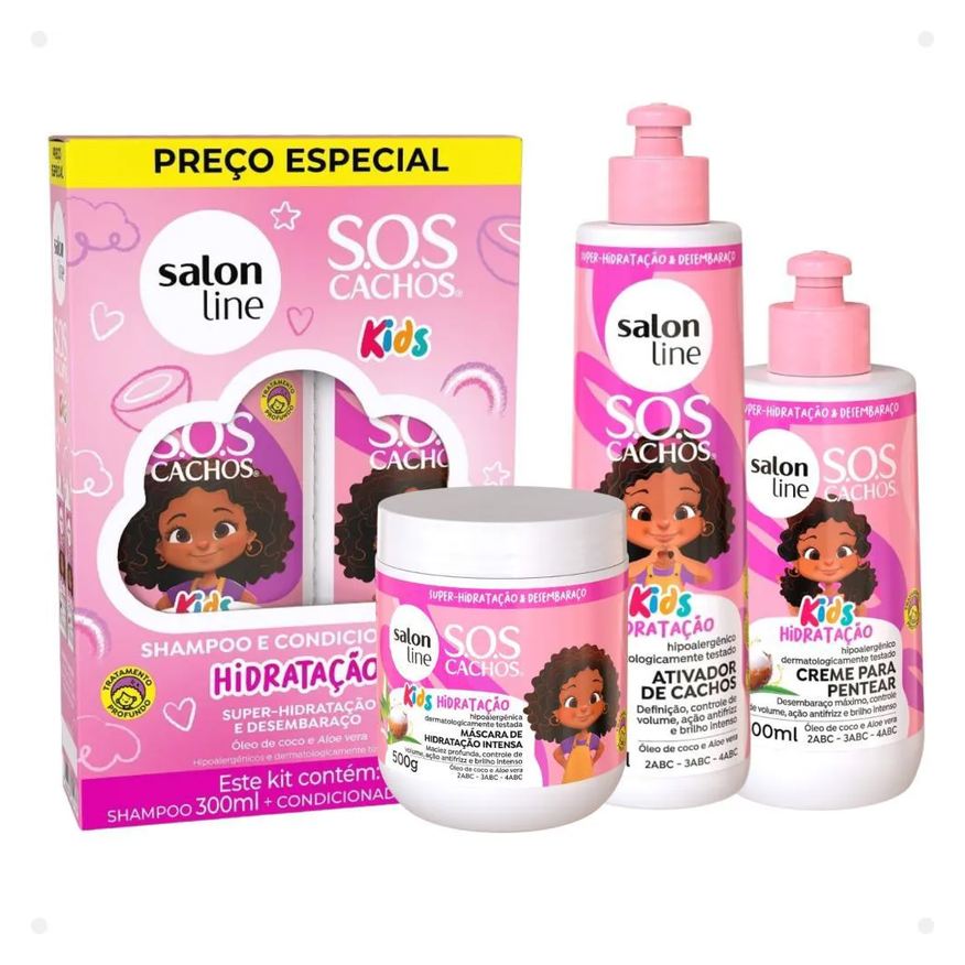 Salon Line Kit Sos Cachos Kids: Shampoo e Condicionador + Creme para Pentear, Ativador de Cachos e Máscara de Hidratação Intensa Hidratação