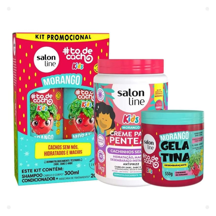 Salon Line Kit Kids: Shampoo e Condicionador + Creme para Pentear 1kg e Gelatina Desembaraçante Morango