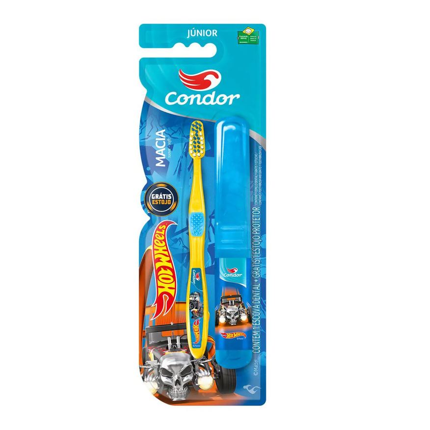 Condor Escova Dental Macia Hot Wheels Júnior Cabeça P Grátis Estojo Protetor