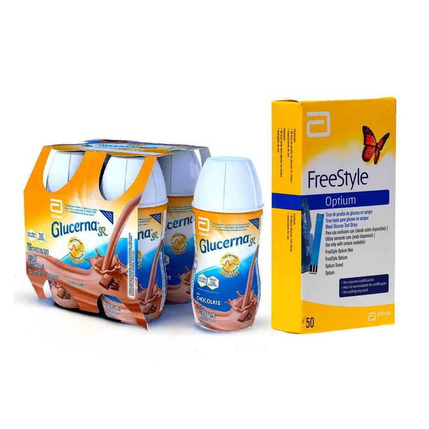 Glucerna Kit Suplemento Alimentar SR Chocolate 4 unidades com 200ml cada + Tiras para Teste de Glicemia Freestyle Optium 50 Unidades