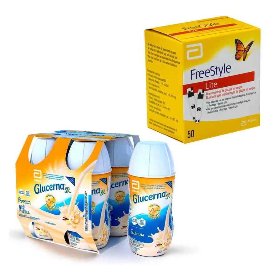 Glucerna Kit Suplemento Alimentar SR Baunilha 4 unidades com 200ml cada + Tiras de Teste para Glicose Freestyle Lite 50 unidades
