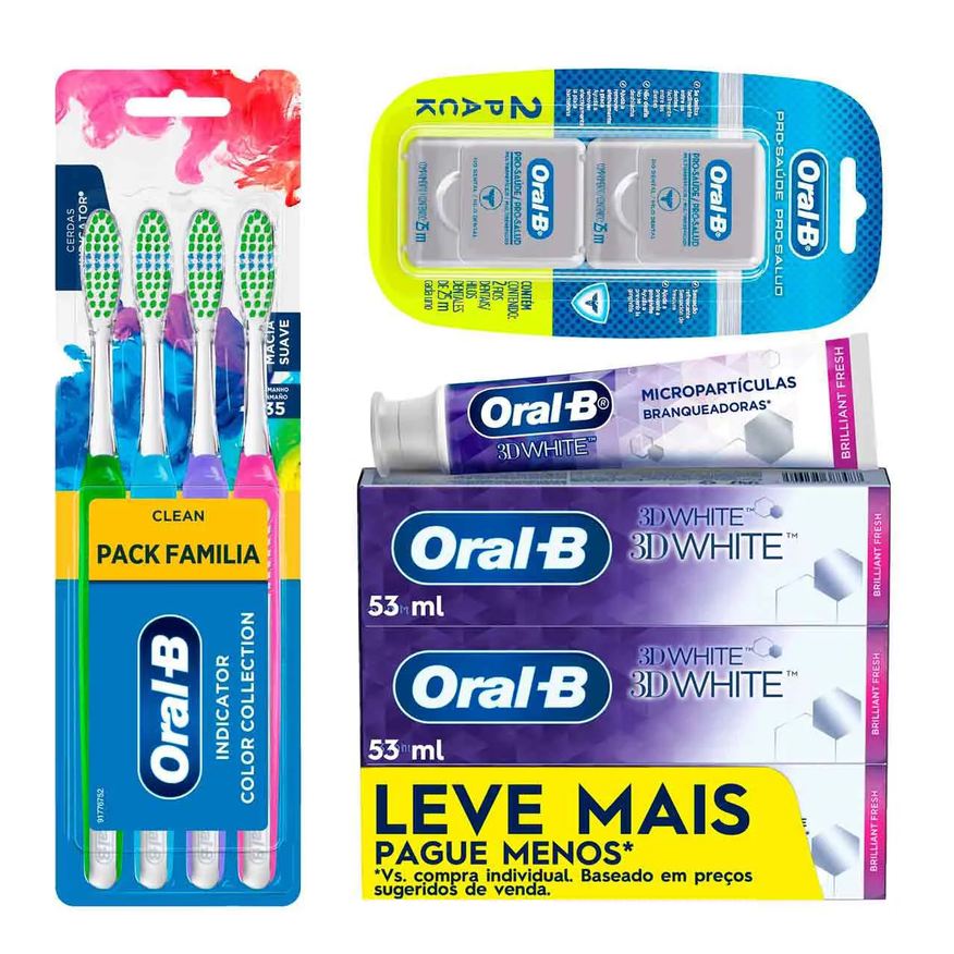 Oral-B Kit Escova de Dente Indicator Color Collection 4 unidades + Pasta de Dente 3D White 70g 3 unidades + Fio Dental Pro-Saúde Multibenefícios