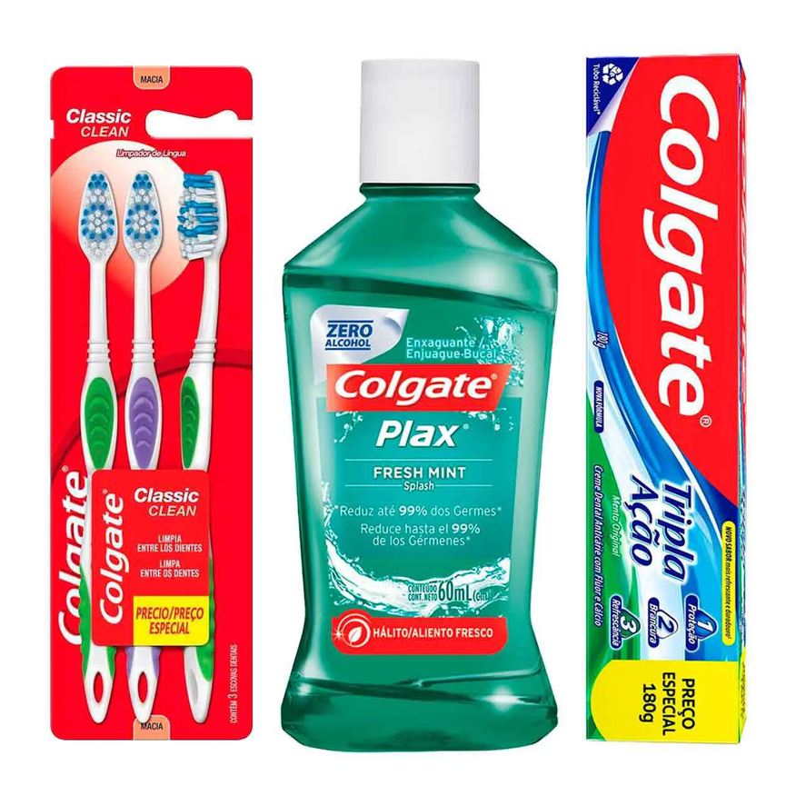 Colgate Kit Escova de Dente Colgate Classic Clean 3 Unidades + Pasta de Dente Tripla Ação Menta Original Anticárie com Flúor + Enxaguante