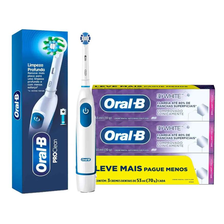 Oral-B Kit Escova de Dente Elétrica Pro-Clean Power + Pasta de Dente 3D White 3 unidades com 70g cada