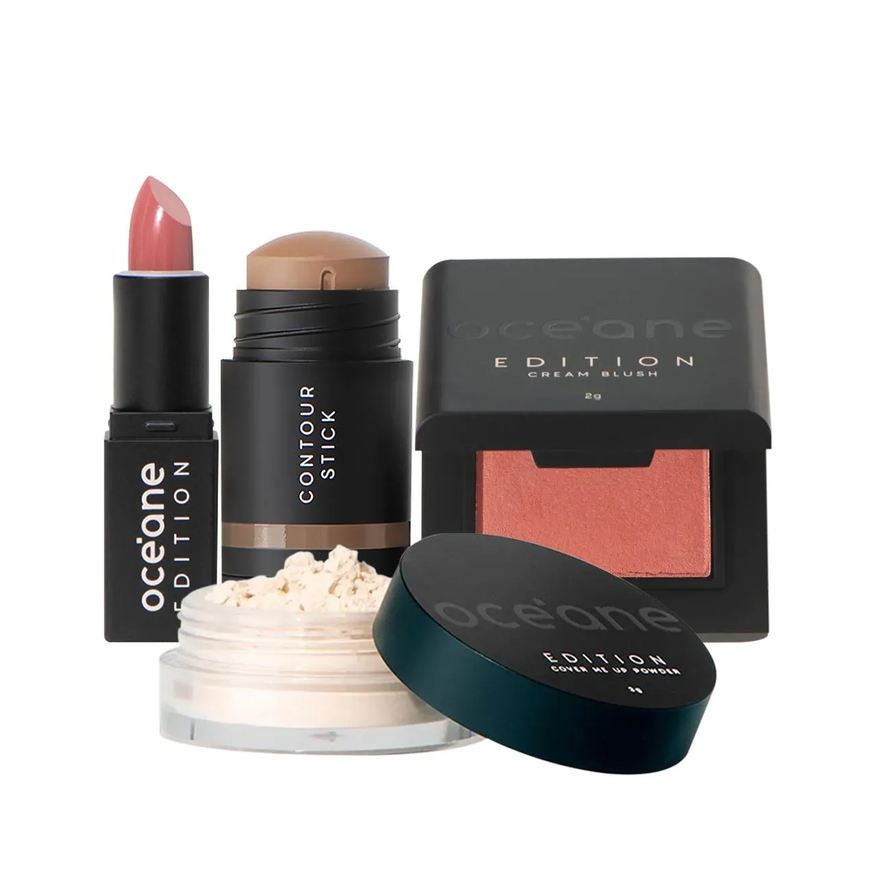 Océane Kit Edition Mini Lipstick Sienna Nude Blush Caramel Pó Translúcido e Contorno Stick Marrom Médio (4 Produtos)