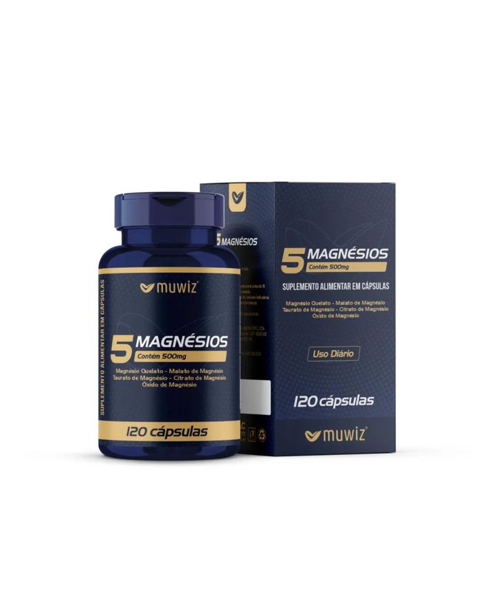 Muwiz 5 Magnésios 500mg 120 cápsulas - Quelato Malato Taurato Citrato e Óxido de Magnésio