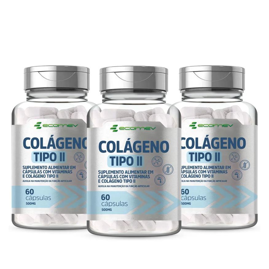 Ecomev 3x Colageno tipo 2 com Vit C E D3 B1 B3 B6 B12 500mg 60 Cápsulas