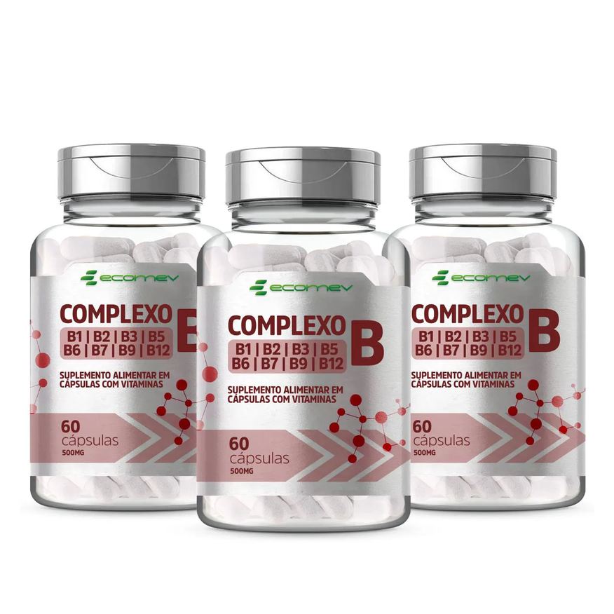 Ecomev 3x Complexo B B1 B2 B3 B5 B6 B7 B9 B12 e Biotina 500mg 60 Cápsulas