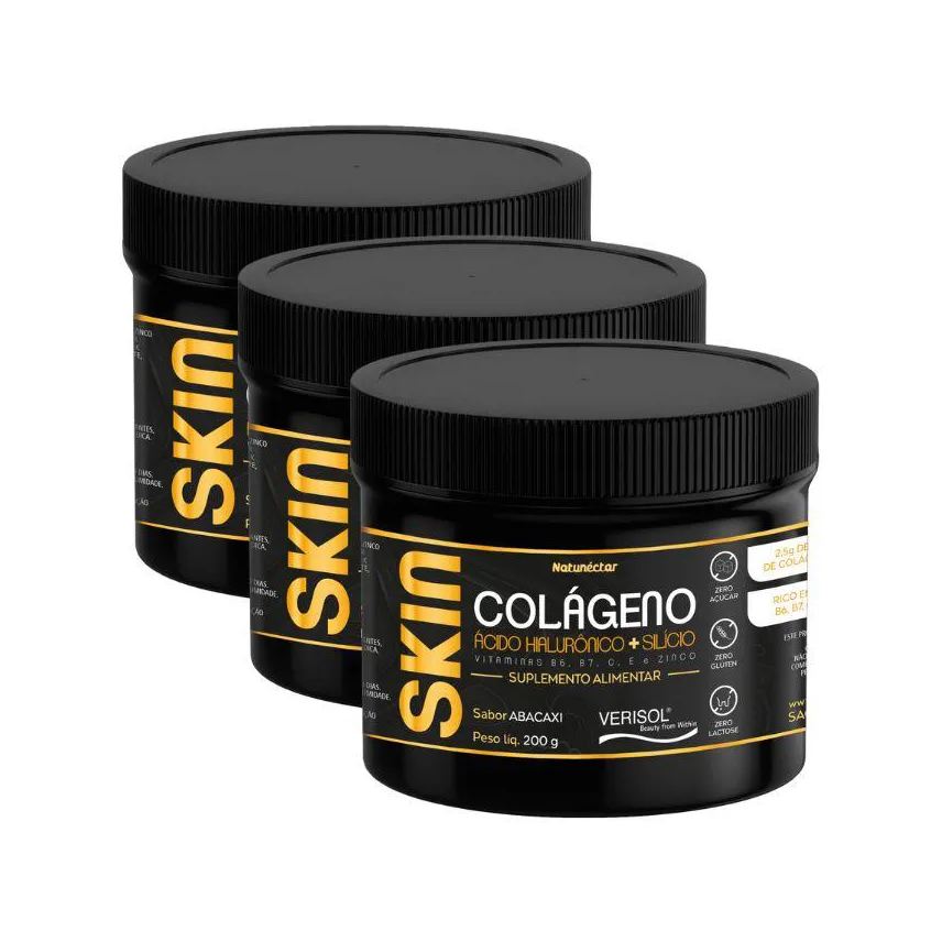 Natunéctar KIT SKIN COLáGENO VERISOL EM Pó PREVENçãO RUGAS NATUNECTAR SABOR ABACAXI 200g - 3 UNIDADES