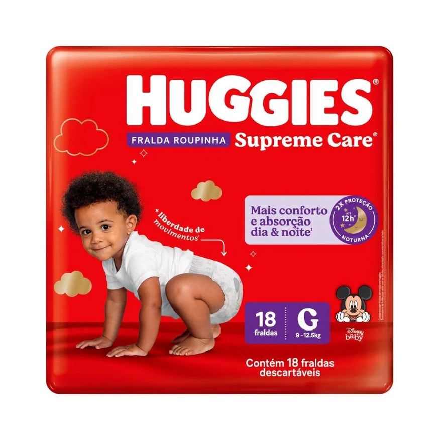 Huggies Fralda Descartável Roupinha Supreme Care Jumbo Tamanho G - 9 Pacotes com 18 Fraldas - Total 162 Tiras
