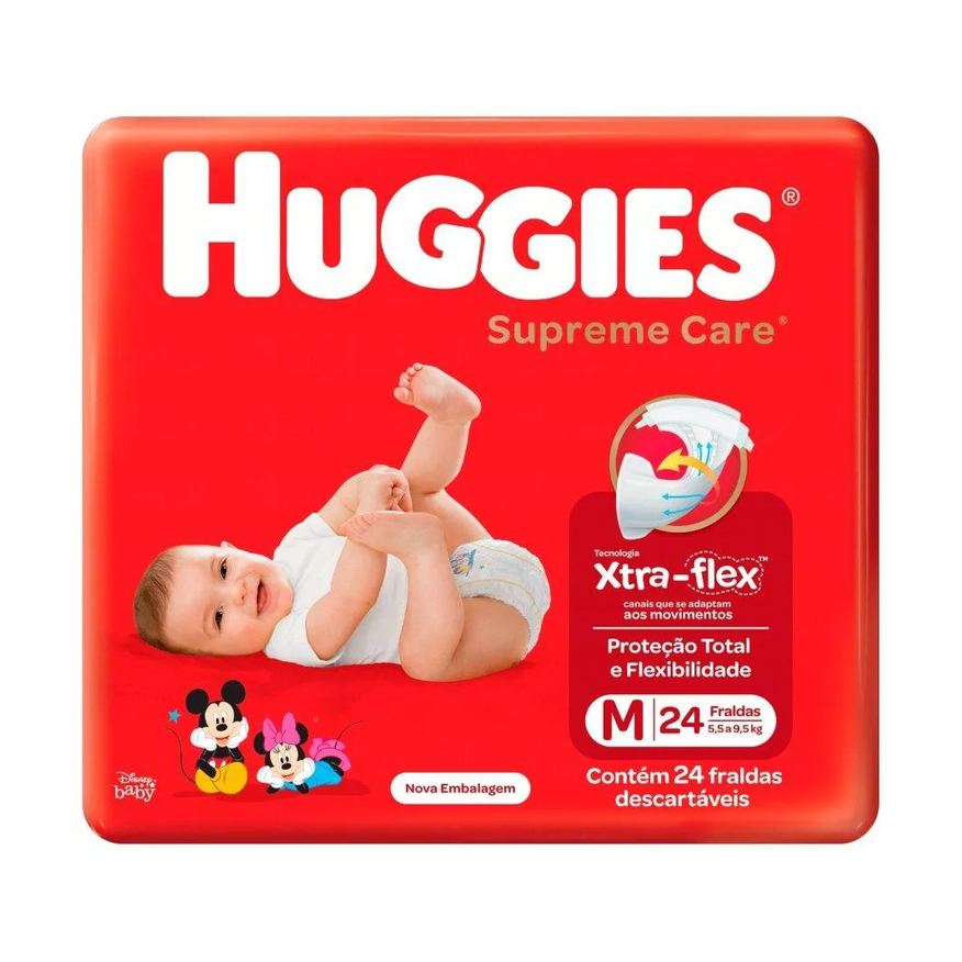 Huggies Fralda Descartável Supreme Care Jumbo Tamanho M - 9 Pacotes com 24 Fraldas - Total 216 Tiras
