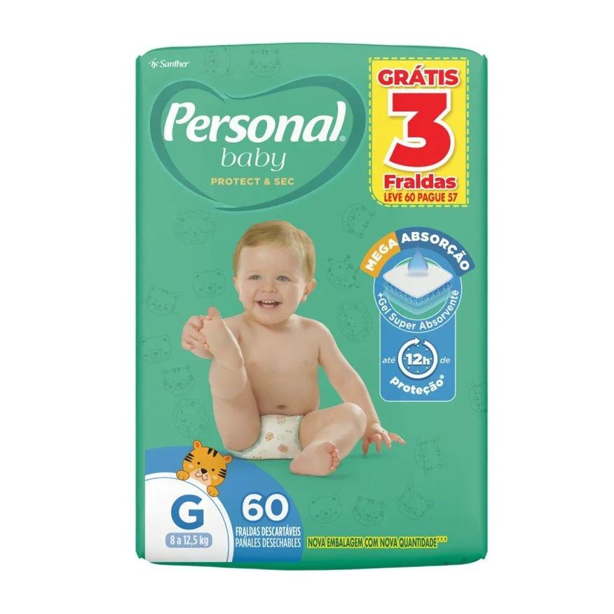 Personal Fralda Descartável Soft & Protect Hiper Tamanho G - 4 Pacotes com 60 Fraldas - Total 240 Tiras