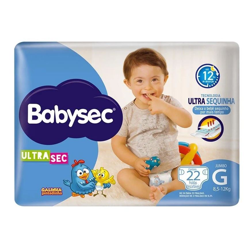 Babysec Fralda Descartável Ultra Sec Galinha Pintadinha Jumbo Tamanho G - 8 Pacotes com 22 Fraldas - Total 176 Tiras