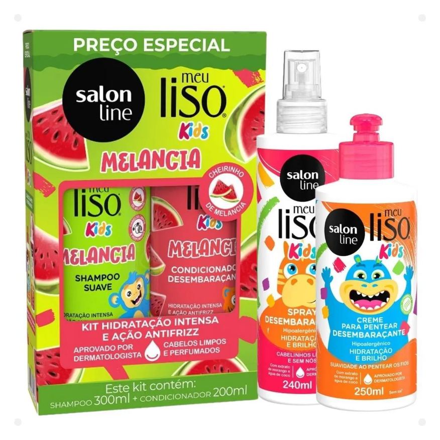 Salon Line Kit Meu Liso Kids: Shampoo 300ml e Condicionador 200ml Melancia + Creme para Pentear 250ml e Spray Desembaraçante 240ml