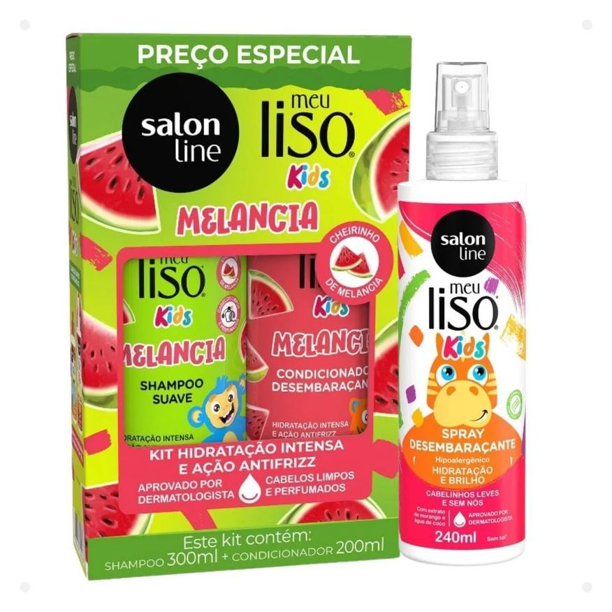 Salon Line Kit Meu Liso Kids: Shampoo 300ml e Condicionador 200ml Melancia + Spray Desembaraçante 250ml